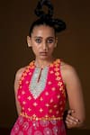 Shop_Pooja Rajgarhia Gupta_Fuchsia Summer Silk Printed Geometric Keyhole Aalta Flower Jumpsuit _Online_at_Aza_Fashions