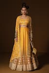 Buy_Pooja Rajgarhia Gupta_Yellow Summer Silk And Georgette Print & Embroidery Kesar Ombre Cape Lehenga Set_at_Aza_Fashions