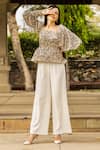 Shop_B'Infinite_Beige Crepe Print Floral Square Neck Vintage Top And Trouser Set _Online_at_Aza_Fashions