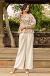 B'Infinite_Beige Crepe Print Floral Square Neck Vintage Top And Trouser Set _at_Aza_Fashions