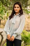 Buy_B'Infinite_Blue Chiffon Plain Tie Button Down Shirt_Online_at_Aza_Fashions