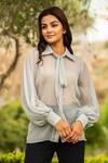 Shop_B'Infinite_Blue Chiffon Plain Tie Button Down Shirt_Online_at_Aza_Fashions