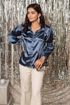 Shop_B'Infinite_Blue Satin Spread Collar Metallic Shirt And Trouser Set_Online_at_Aza_Fashions