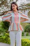 Shop_B'Infinite_Multi Color Cotton Stripes Spread Collar Peplum Shirt _Online_at_Aza_Fashions