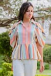 B'Infinite_Multi Color Cotton Stripes Spread Collar Peplum Shirt _at_Aza_Fashions