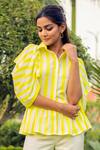 B'Infinite_White Cotton Stripes Spread Collar Neon Peplum Shirt_Online_at_Aza_Fashions