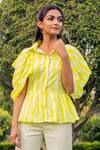 B'Infinite_White Cotton Stripes Spread Collar Neon Peplum Shirt_at_Aza_Fashions