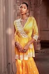 Buy_PREEVIN_Yellow Cotton Mulmul Embroidered And Work Short Angarkha Sharara Set  _Online_at_Aza_Fashions