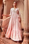 PREEVIN_Pink Angrakha Cotton Mulmul And Dupatta Tulle & Flower Anarkali With  _Online_at_Aza_Fashions