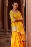 Buy_PREEVIN_Yellow Peplum Top Cotton Mulmul Embroidery Thread Straight Kurta Set _Online_at_Aza_Fashions