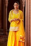 Shop_PREEVIN_Yellow Peplum Top Cotton Mulmul Embroidery Thread Straight Kurta Set _Online_at_Aza_Fashions