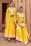 PREEVIN_Yellow Peplum Top Cotton Mulmul Embroidery Border Angrakha Set  _Online_at_Aza_Fashions