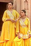 Buy_PREEVIN_Yellow Peplum Top Cotton Mulmul Embroidery Border Angrakha Set  _Online_at_Aza_Fashions