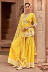 Shop_PREEVIN_Yellow Peplum Top Cotton Mulmul Embroidery Border Angrakha Set  _Online_at_Aza_Fashions