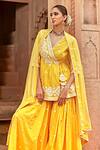 PREEVIN_Yellow Peplum Top Cotton Mulmul Embroidery Border Angrakha Set  _at_Aza_Fashions