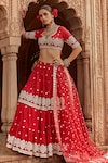 PREEVIN_Red Lehenga And Blouse Cotton Mulmul Embroidered Mirrorwork Tiered Set _Online_at_Aza_Fashions