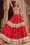 Buy_PREEVIN_Red Lehenga And Blouse Cotton Mulmul Embroidered Mirrorwork Tiered Set _Online_at_Aza_Fashions