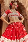 Shop_PREEVIN_Red Lehenga And Blouse Cotton Mulmul Embroidered Mirrorwork Tiered Set _Online_at_Aza_Fashions