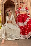 PREEVIN_Red Lehenga And Blouse Cotton Mulmul Embroidered Mirrorwork Tiered Set _at_Aza_Fashions