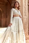 Buy_PREEVIN_Off White Lehenga And Blouse Cotton Mulmul Geometrical Pattern Set  _Online_at_Aza_Fashions