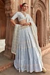 PREEVIN_Sky Blue Lehenga And Blouse Cotton Mulmul Embellished Tiered Set  _Online_at_Aza_Fashions