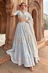 Buy_PREEVIN_Sky Blue Lehenga And Blouse Cotton Mulmul Embellished Tiered Set  _Online_at_Aza_Fashions