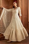 Buy_PREEVIN_Off White Anarkali Cotton Mulmul And Dupatta Tulle & Soft Net Work With _Online_at_Aza_Fashions