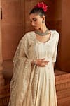 Shop_PREEVIN_Off White Anarkali Cotton Mulmul And Dupatta Tulle & Soft Net Work With _Online_at_Aza_Fashions