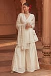 PREEVIN_Off White Cotton Mulmul Embroidered And Mirror & Sharara Set  _Online_at_Aza_Fashions