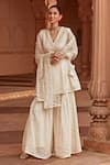 Buy_PREEVIN_Off White Cotton Mulmul Embroidered And Mirror & Sharara Set  _Online_at_Aza_Fashions