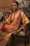 Kalista_Peach Crepe Printed And Embroidered Mughal V Collar Zoya A-line Kurta Set_Online_at_Aza_Fashions