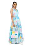 Buy_Payal Singhal_Blue Crepe Print Painterly V Neck Waist Cutout Dress _Online_at_Aza_Fashions