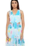 Shop_Payal Singhal_Blue Crepe Print Painterly V Neck Waist Cutout Dress _at_Aza_Fashions