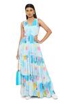 Payal Singhal_Blue Crepe Print Painterly V Neck Waist Cutout Dress _at_Aza_Fashions