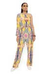 PS Pret by Payal Singhal_Yellow Crepe Printed Enchanted Asymmetric One Shoulder Jumpsuit  _at_Aza_Fashions