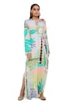 PS Pret by Payal Singhal_Green Crepe Printed Tropical Notched Kaftan  _at_Aza_Fashions