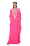 Buy_Payal Singhal_Pink Crepe Embroidery Thread Notched Floral Kaftan _Online_at_Aza_Fashions