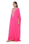 Shop_Payal Singhal_Pink Crepe Embroidery Thread Notched Floral Kaftan _Online_at_Aza_Fashions