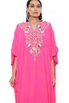 Shop_Payal Singhal_Pink Crepe Embroidery Thread Notched Floral Kaftan _at_Aza_Fashions