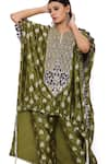 Shop_Payal Singhal_Green Banarasi Floral Motifs Notched High Low Kurta And Jogger Set _at_Aza_Fashions