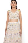 Shop_Payal Singhal_Off White Organza Embroidery Thread V Neck Floral Bridal Lehenga Set _at_Aza_Fashions