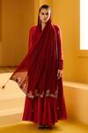 Pratibha Sultania_Maroon Chanderi Embellished Mukaish V Neck Angarkha Set _Online_at_Aza_Fashions