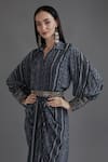 Buy_Preeti S Kapoor_Blue Crepe Printed Stripe Shirt Collar Saira Draped Dhoti Dress _Online_at_Aza_Fashions