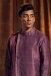 More Mischief_Purple Raw Silk Embroidered Thread And Band Collar Layered Kurta Set  _Online_at_Aza_Fashions