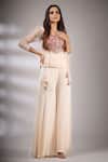 Pallavi Jaipur_Beige Lining Shantoon, Pant Satin Blend, Top Embroidered And Flared Set _Online_at_Aza_Fashions