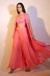 Buy_Pallavi Jaipur_Pink Jacket Chiffon, Lining Shantoon, Pants Silk Blend Tiered And Flared Set_at_Aza_Fashions