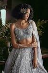 Kisneel by Pam_Purple Organza Embroidered Sequins V Neck Blouse Bridal Lehenga Set _Online_at_Aza_Fashions