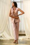 Pasha India_Pink Linen Open Neck Quilted Jacket And Pant Set _Online_at_Aza_Fashions