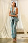 Pasha India_Green Linen Floral Pattern Notched Lapel Jacket And Pant Set _Online_at_Aza_Fashions