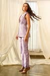 Shop_Pasha India_Purple Linen Floral Pattern Notched Lapel Jacket And Pant Set _Online_at_Aza_Fashions